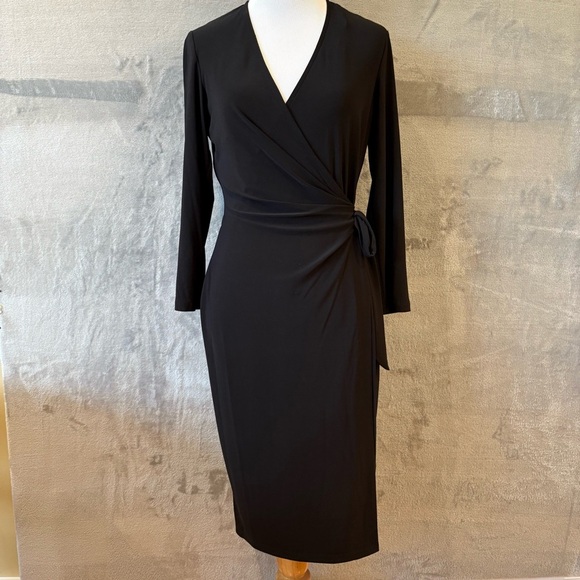 Polished Minimalist Black Wrap Long Sleeve Tie Waist Midi Dress Sz 4 - Picture 1 of 11